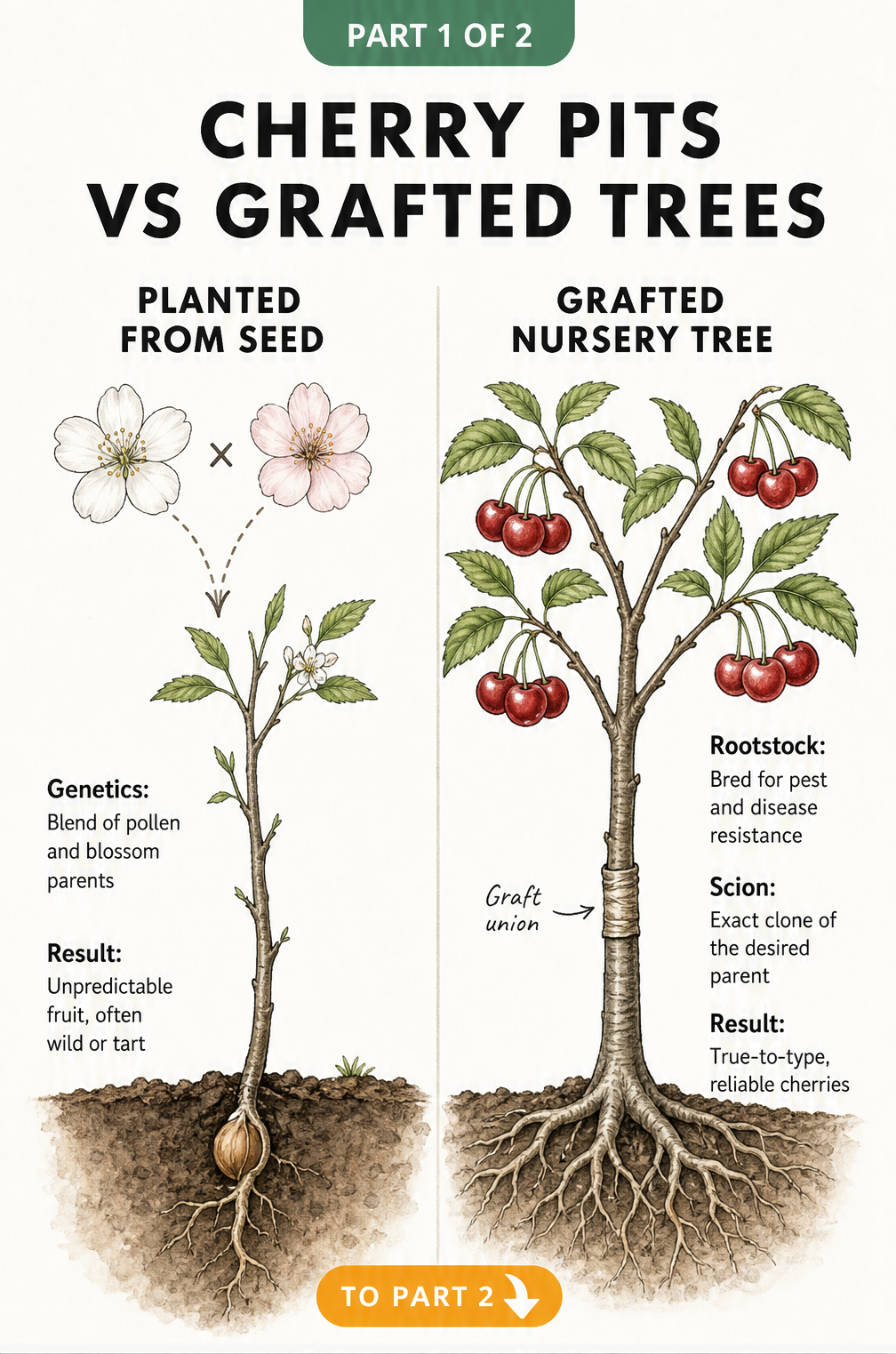 Botanical illustration comparing a cherry tree grown from seed with unpredictable fruit to a grafted nursery tree with reliable cherries.