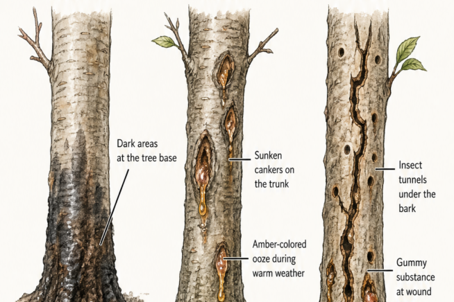 Three botanical illustrations showing cherry tree bark damage from phytophthora root rot, bacterial canker, and peach tree borers.