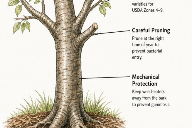 Illustration of a healthy cherry tree showing prevention methods like climate matching, careful pruning, mechanical protection, and root health.