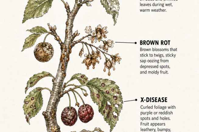 Botanical illustration showing symptoms of four common cherry tree diseases on branches, leaves, and roots.