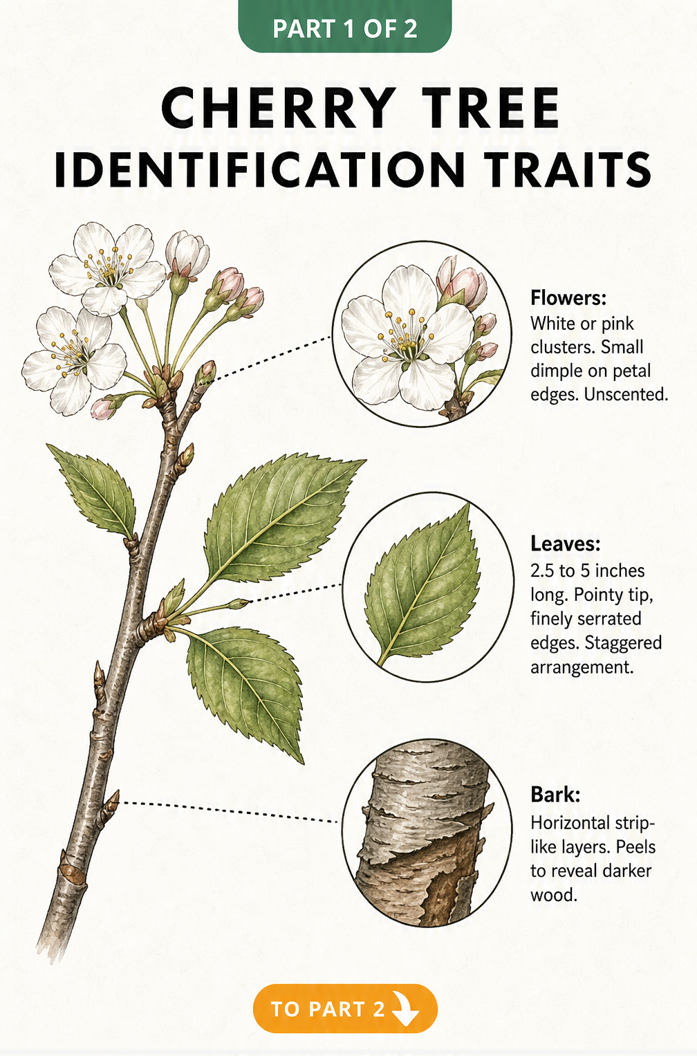 Botanical illustration showing cherry tree identification traits including flowers, leaves, and bark