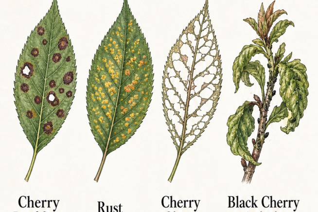 Illustrations of four cherry tree leaves showing symptoms of cherry leaf spot, rust, cherry slugs, and black cherry aphids.