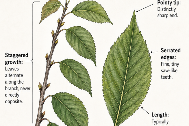 Botanical illustration of a cherry tree branch showing staggered leaf growth, pointy tips, and serrated edges.