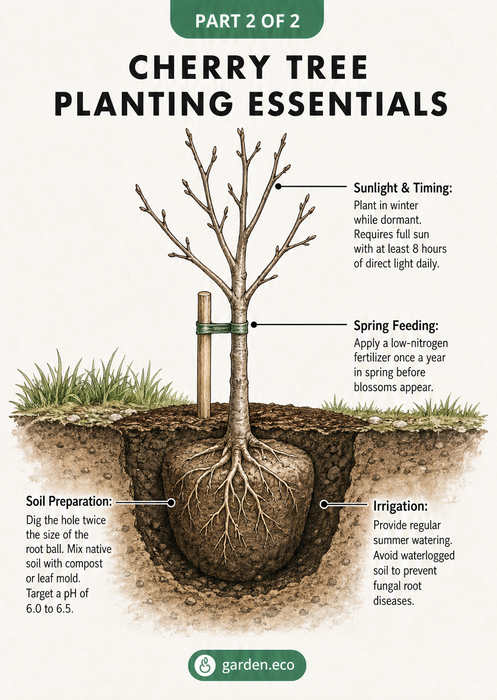 Cross-section illustration of a young dormant cherry tree showing sunlight, fertilizer, soil, and watering needs