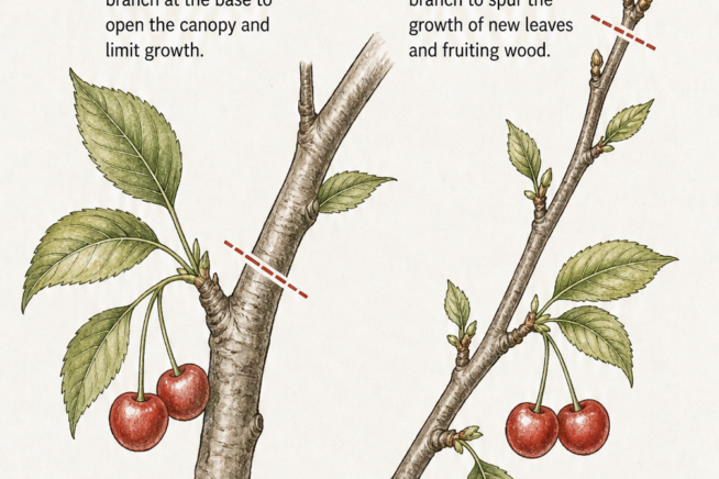 Illustration showing the difference between a thinning cut and a heading cut on a cherry tree branch.