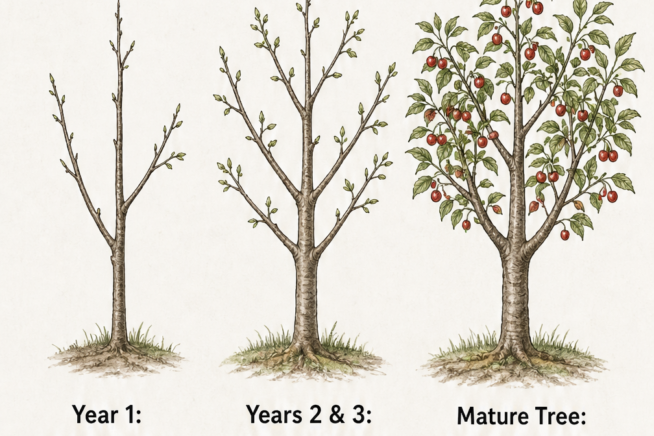 Botanical illustration showing cherry tree pruning stages from year one to a mature tree with a vase-like structure.