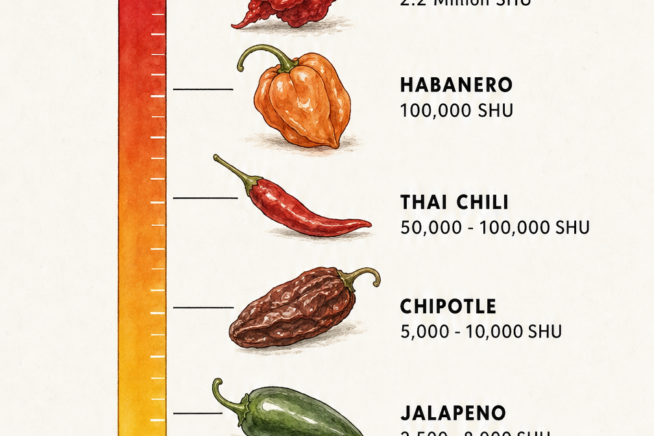 Scoville scale thermometer showing the heat levels of six chili peppers from mild bell pepper to the Carolina Reaper.