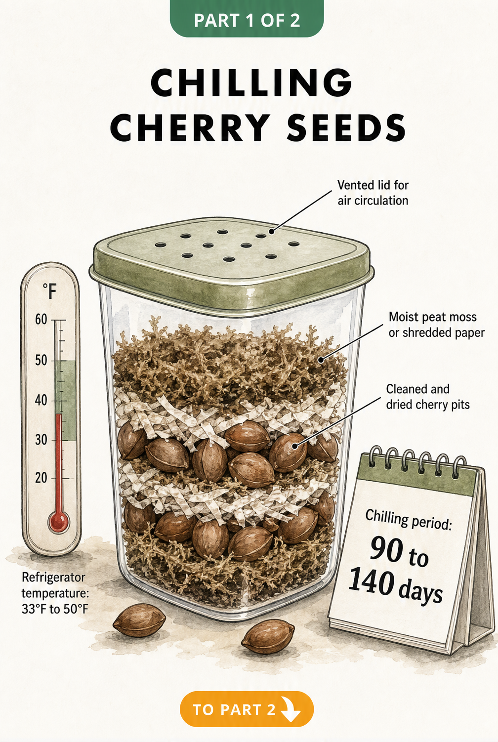 Cross-section illustration of a vented container holding cherry pits layered in moist peat moss inside a refrigerator for cold stratification.