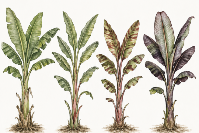 Illustration of four cold hardy banana tree varieties including Basjoo, Darjeeling, Helen's Hybrid, and Ae Ae Royal with their USDA zones