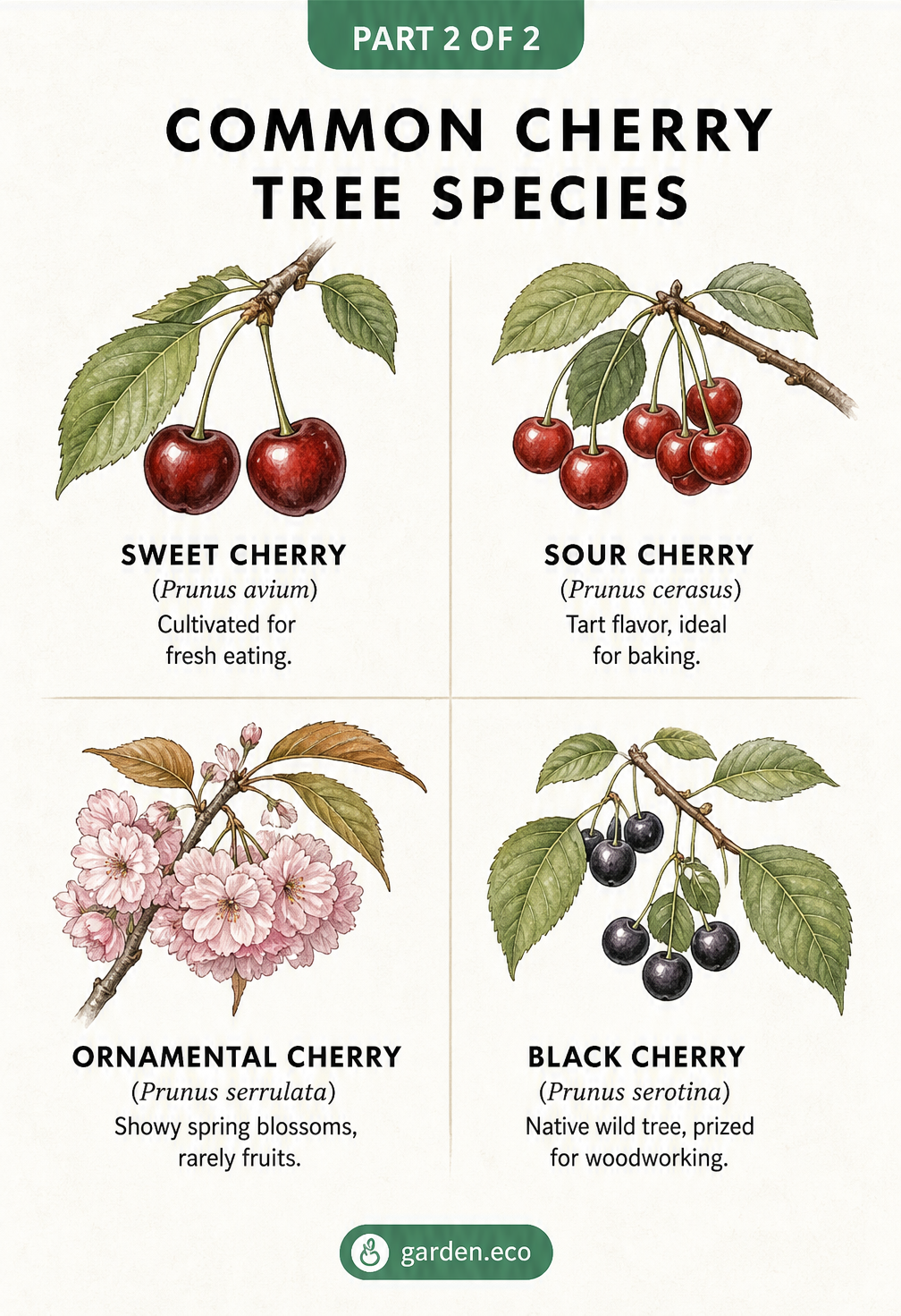 Illustrations of four common cherry tree species: sweet, sour, ornamental, and black cherry
