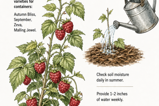 Illustration of a compact raspberry branch with ripe fruits and a watering can showing watering needs.