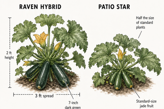 Detailed botanical drawing comparing the sizes of Raven Hybrid and Patio Star compact zucchini plants.