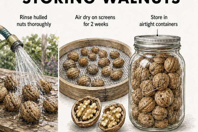 Illustration of the walnut curing process: washing hulled nuts, air drying on screens, and storing in an airtight mason jar.