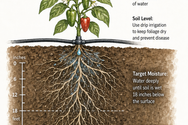 Cross-section illustration of a pepper plant showing deep watering with drip irrigation and a 3-foot root system.