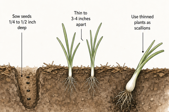 Cross-section illustration of a garden bed showing how deep to sow onion seeds and proper spacing.