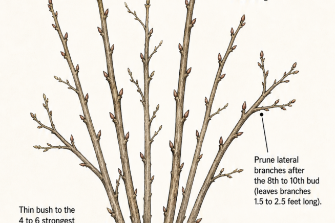 Illustration of a dormant black raspberry bush showing where to thin canes, cut unbranched canes to 3 feet, and prune lateral branches after the 8th to 10th...