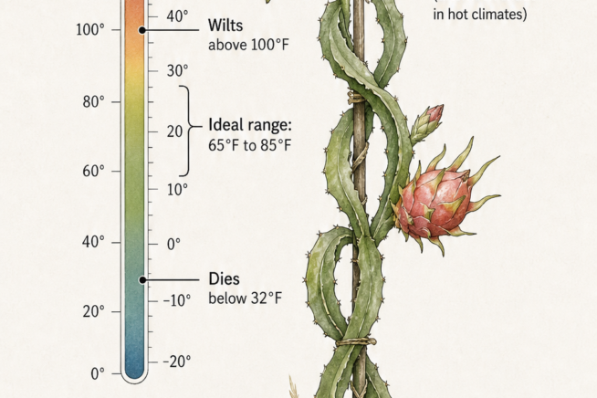 Illustration of a dragon fruit vine on a temperature scale showing ideal growth between 65 and 85 degrees Fahrenheit, and USDA zones 9 to 11.