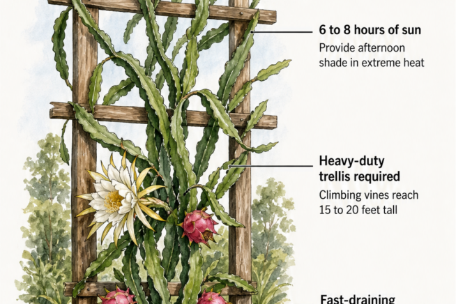 Illustration of a mature dragon fruit plant on a heavy-duty wooden trellis, detailing sunlight, support, and soil requirements.