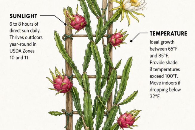 Botanical illustration of a dragon fruit plant on a trellis showing sunlight, temperature, watering, and soil requirements.