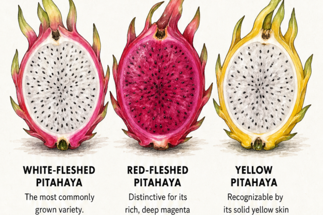 Illustrations of three dragon fruit varieties showing white-fleshed, red-fleshed, and yellow pitahaya halved to reveal their pulp.