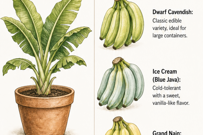 Botanical illustration of edible backyard banana varieties including Dwarf Cavendish, Ice Cream, and Grand Nain.