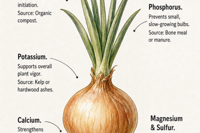 Botanical illustration of a mature onion showing the five essential nutrients needed for healthy growth and their organic sources.