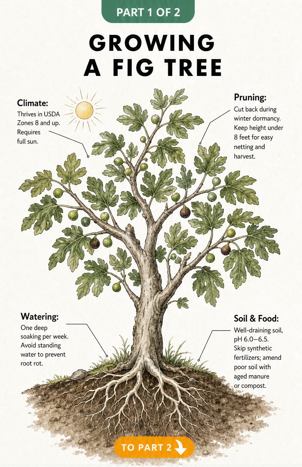 Botanical illustration of a fig tree showing climate, pruning, watering, and soil requirements for healthy growth.