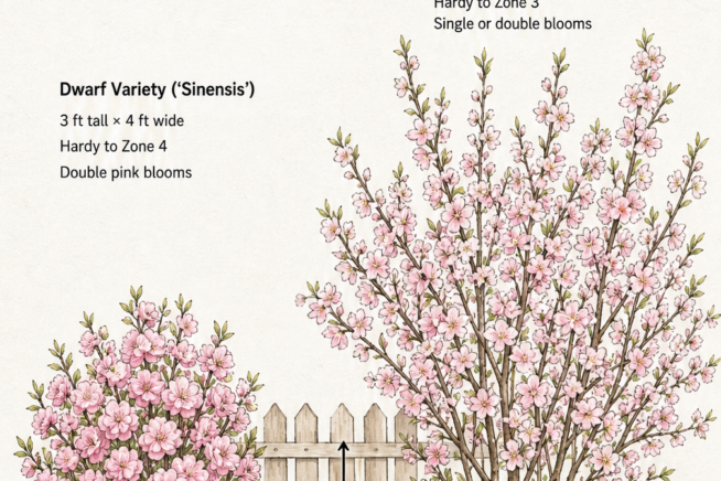 Botanical illustration comparing the mature size of a dwarf flowering almond variety with a standard bush or tree.