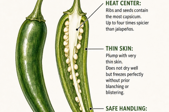 Cross-section illustration of a serrano pepper highlighting the heat center, thin skin, and safe handling tips.
