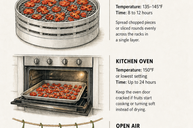 Illustration of three ghost pepper drying methods: using a food dehydrator, a kitchen oven, or hanging them in the open air.