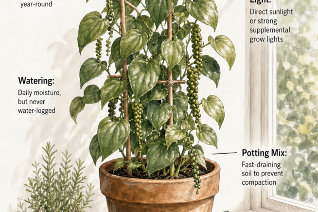 Illustration of a bushy black pepper plant growing indoors in a terracotta pot by a sunny window with indoor care tips.