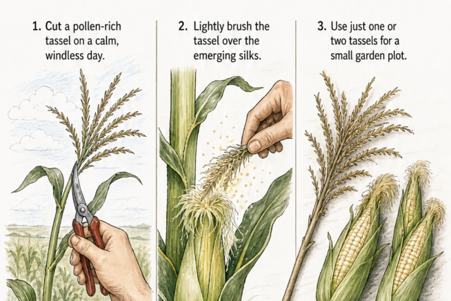 Three-step botanical sketch showing how to hand pollinate corn by cutting a tassel and brushing it over the emerging silks.