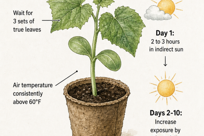 Illustration of a cucumber seedling in a peat pot with instructions for hardening off