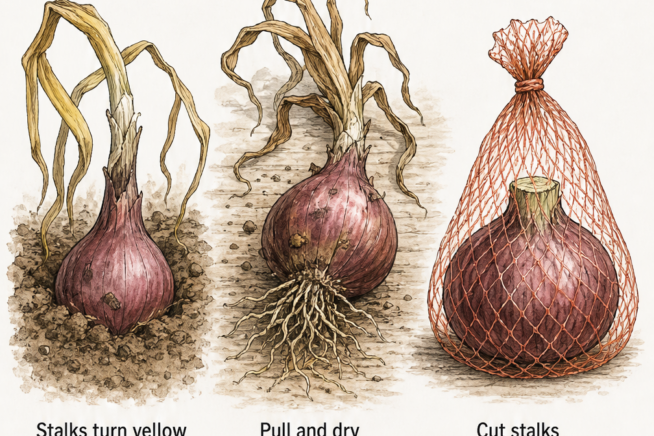 Illustration showing the three stages of harvesting red onions: stalks turning yellow, curing the pulled bulbs, and storing them in mesh bags.