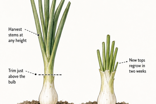 Illustration demonstrating how to harvest green onion tops by trimming just above the bulb, allowing new tops to regrow in two weeks while leaving roots...