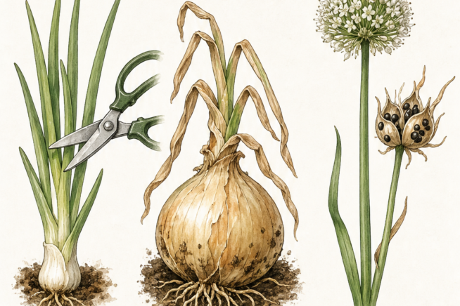 Three ways to harvest a planted sprouted onion: snipping green tops, pulling mature bulbs when tops tip over, and collecting seed pods from flowers.