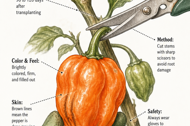 Hand-drawn illustration of harvesting a ripe orange habanero pepper with garden scissors, showing timing, color, skin, and safety tips.