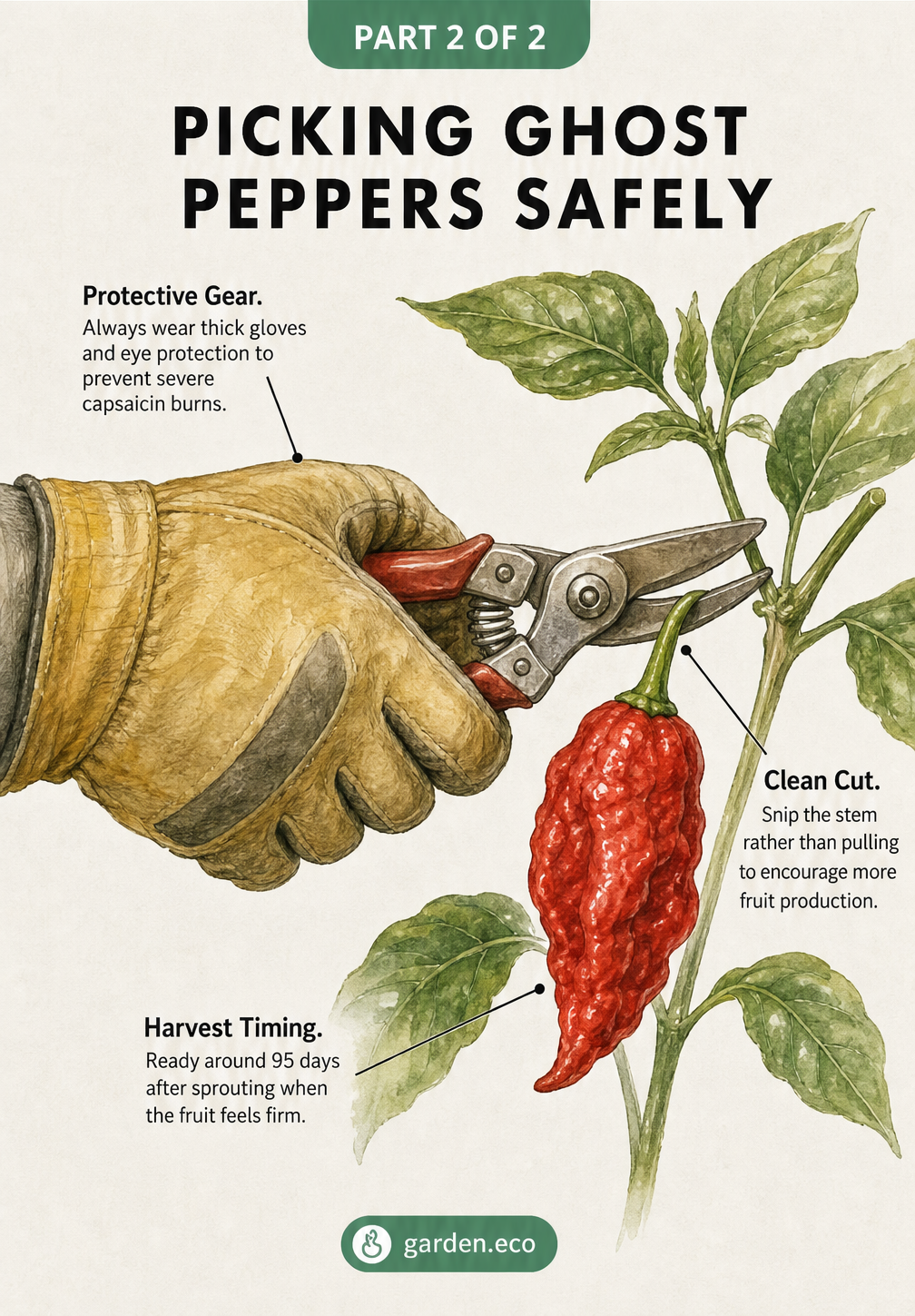 Illustration of a gardener wearing thick gloves using pruning shears to cut a ripe ghost pepper from the plant.
