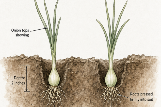 Cross-section illustration of garden soil showing onion sets planted 2 inches deep and spaced 2 to 3 feet apart.