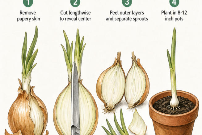 Four steps to prepare a sprouted onion for planting, including removing the skin, cutting lengthwise, separating the sprouts, and planting in a pot.