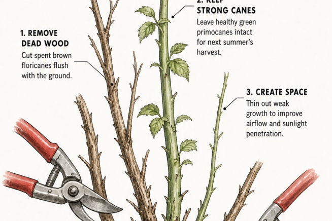 Illustration showing how to prune raspberry bushes by cutting dead brown floricanes at ground level while keeping healthy green primocanes.