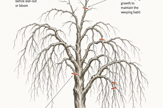 Diagram of a bare weeping cherry tree showing where to make pruning cuts to control size and maintain a strong, weeping branch structure.
