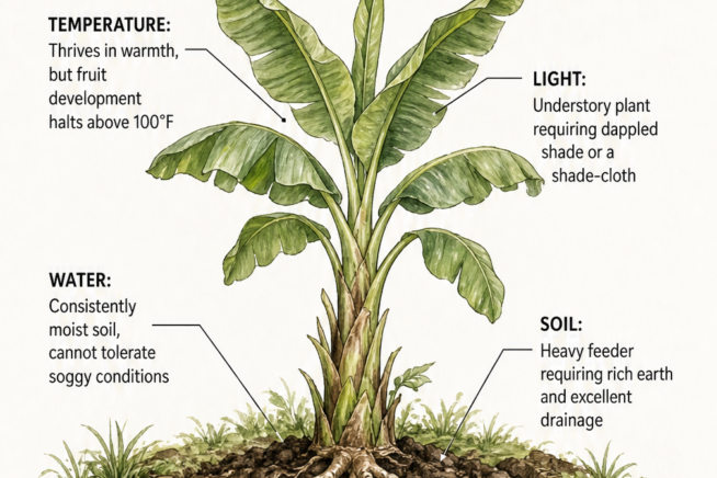 Botanical illustration of a banana tree showing ideal soil, water, light, and temperature requirements for healthy growth.