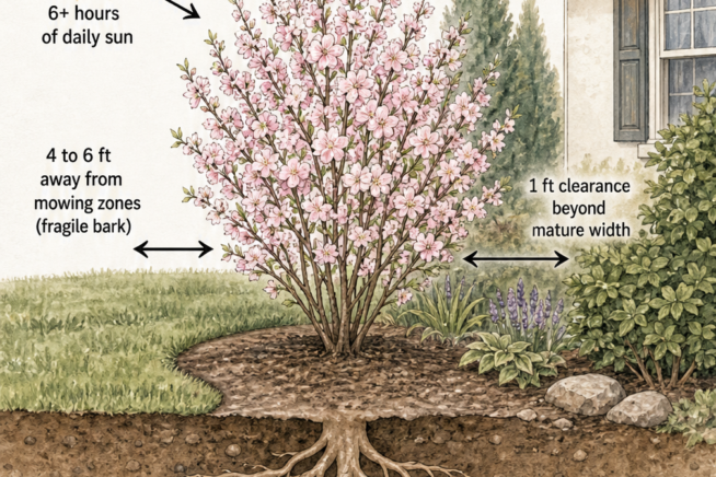 Cross-section illustration showing ideal planting conditions for a flowering almond, including sun exposure, soil drainage, and clearance.