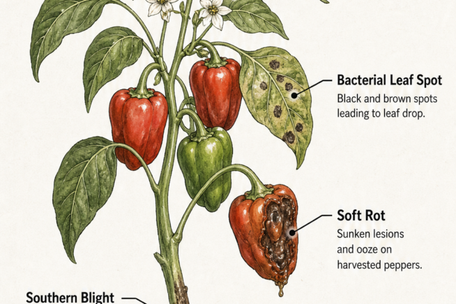 Botanical illustration of a pepper plant showing symptoms of powdery mildew, bacterial leaf spot, soft rot, southern blight, and nematodes.