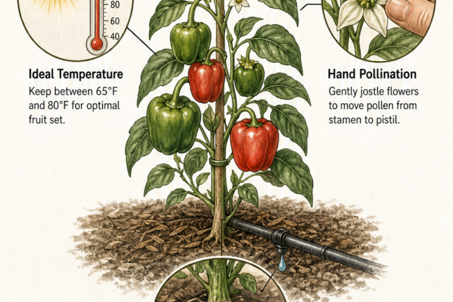 Illustration of a healthy bell pepper plant showing ideal temperature, hand pollination techniques, and consistent watering methods for optimal fruit...