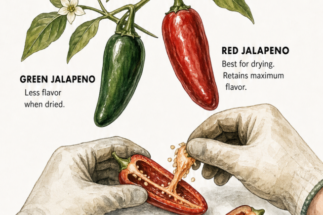 Illustration comparing three jalapeno drying methods: air drying whole peppers on a string, oven drying halved peppers on a baking sheet, and using a food...
