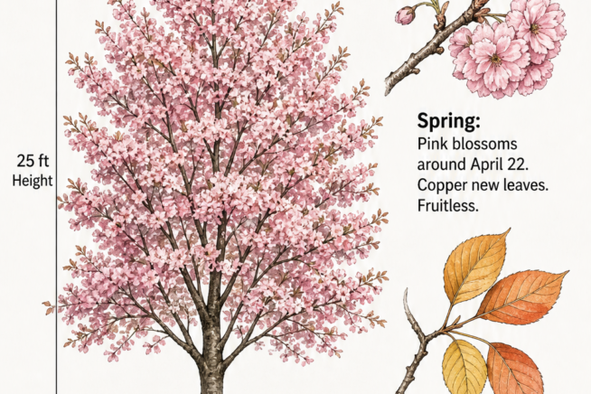 Botanical illustration of a Kwanzan cherry tree showing its 25-foot height, pink spring blossoms, and yellow fall foliage.