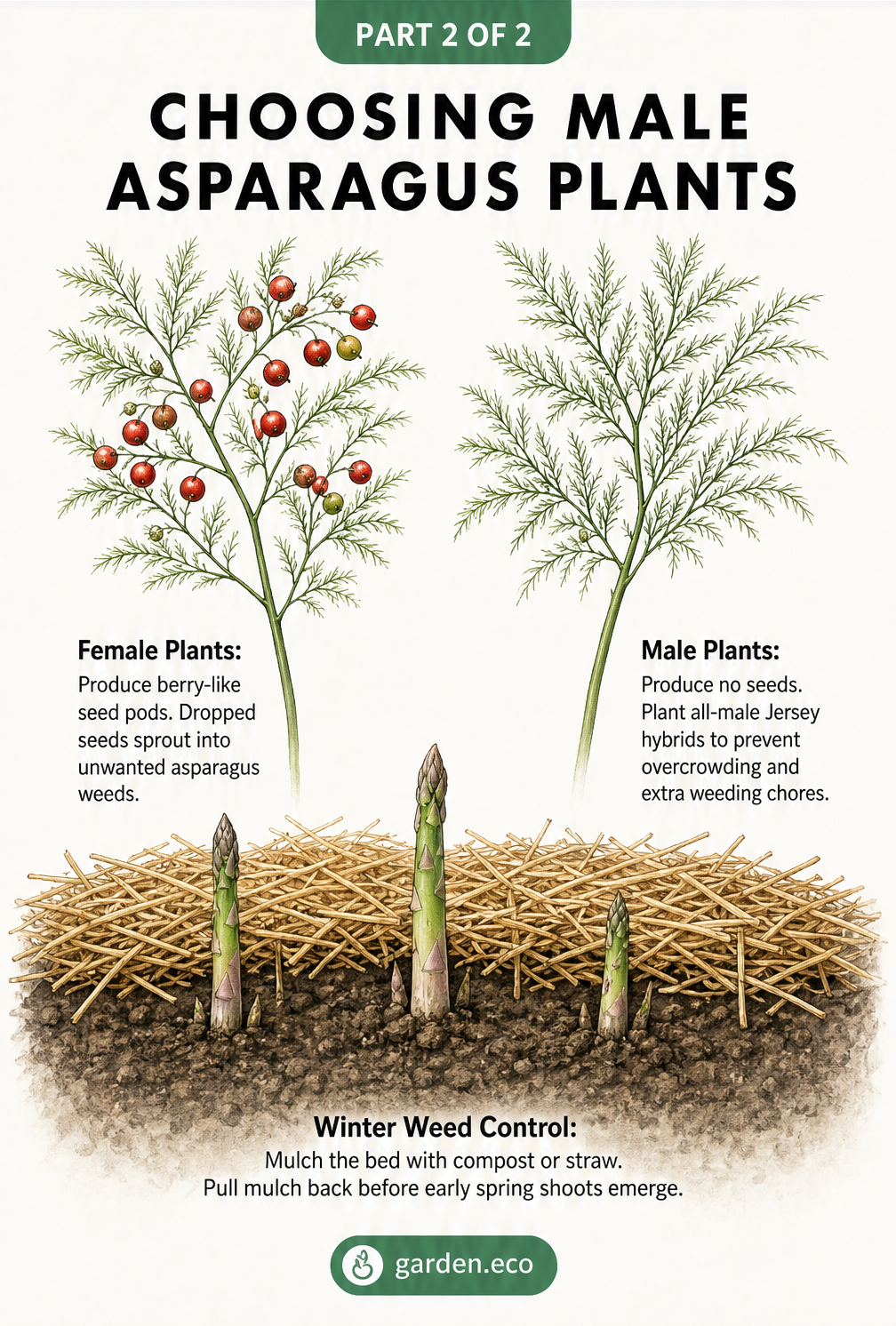 Close-up comparison of a female asparagus plant with berry-like seed pods and a male asparagus plant with only fine foliage.