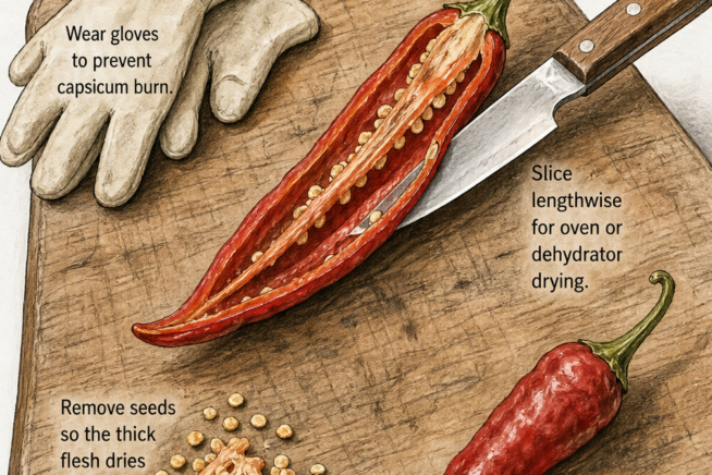 Illustration of three methods for drying cayenne peppers: in the oven, using a food dehydrator, and air drying on a string.